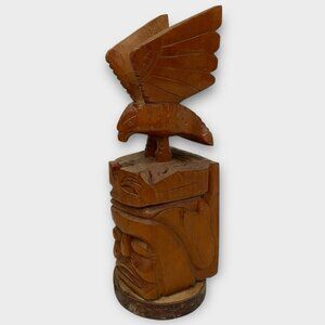 Northwest Coast Indigenous Totem Pole Hand Carved Wooden Eagle 12 3/4” Tall